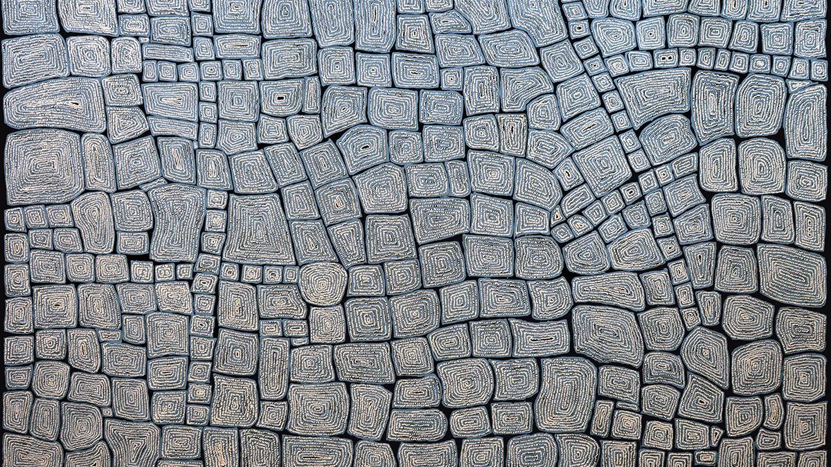 a large example of Thomas' art- a variet of geometric shapes with lines and dot work